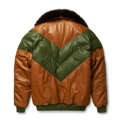 Men's Brown & Green Leather V-Puffer Jacket The Leather Fit