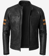 Mens Black Biker Style Leather Jacket with Tan Accent Stripes The Leather Fit