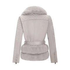 Women’s Gray Quilted Fur Leather Jacket The Leather Fit