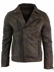 Real Leather Slim Fit Cross Zip Retro Vintage Brando Mens Jacket Vintage Biker-Brown The Leather Fit