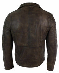 Real Leather Slim Fit Cross Zip Retro Vintage Brando Mens Jacket Vintage Biker-Brown The Leather Fit