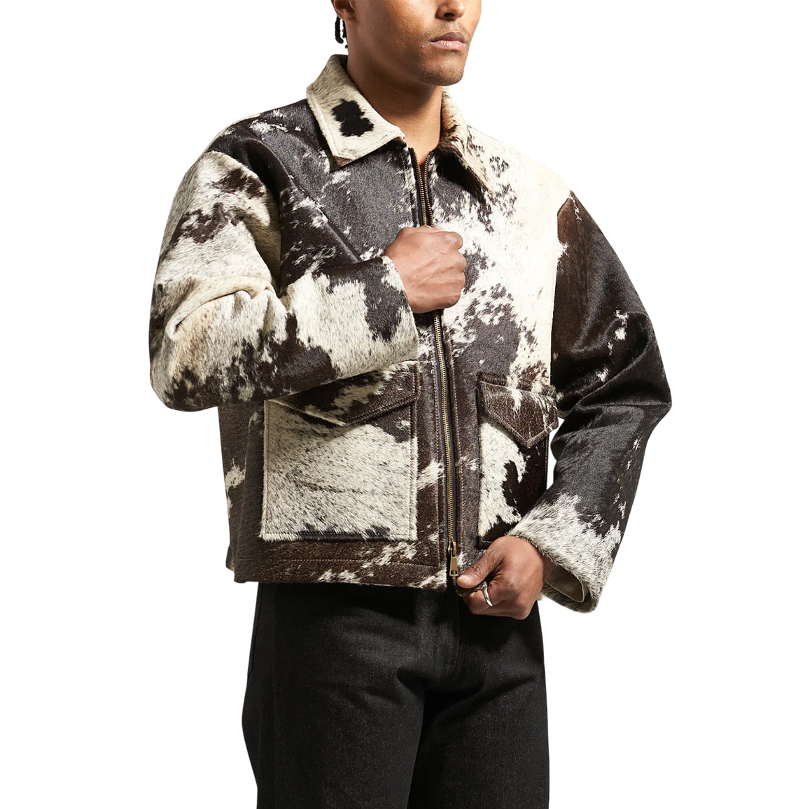 Boxy Cowhide Hair on Hide Leather Jacket Brown & White Cow Print - The Leather Fit