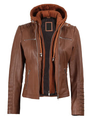 Women's Cognac Brown Leather Jacket With Removable Hood The Leather Fit