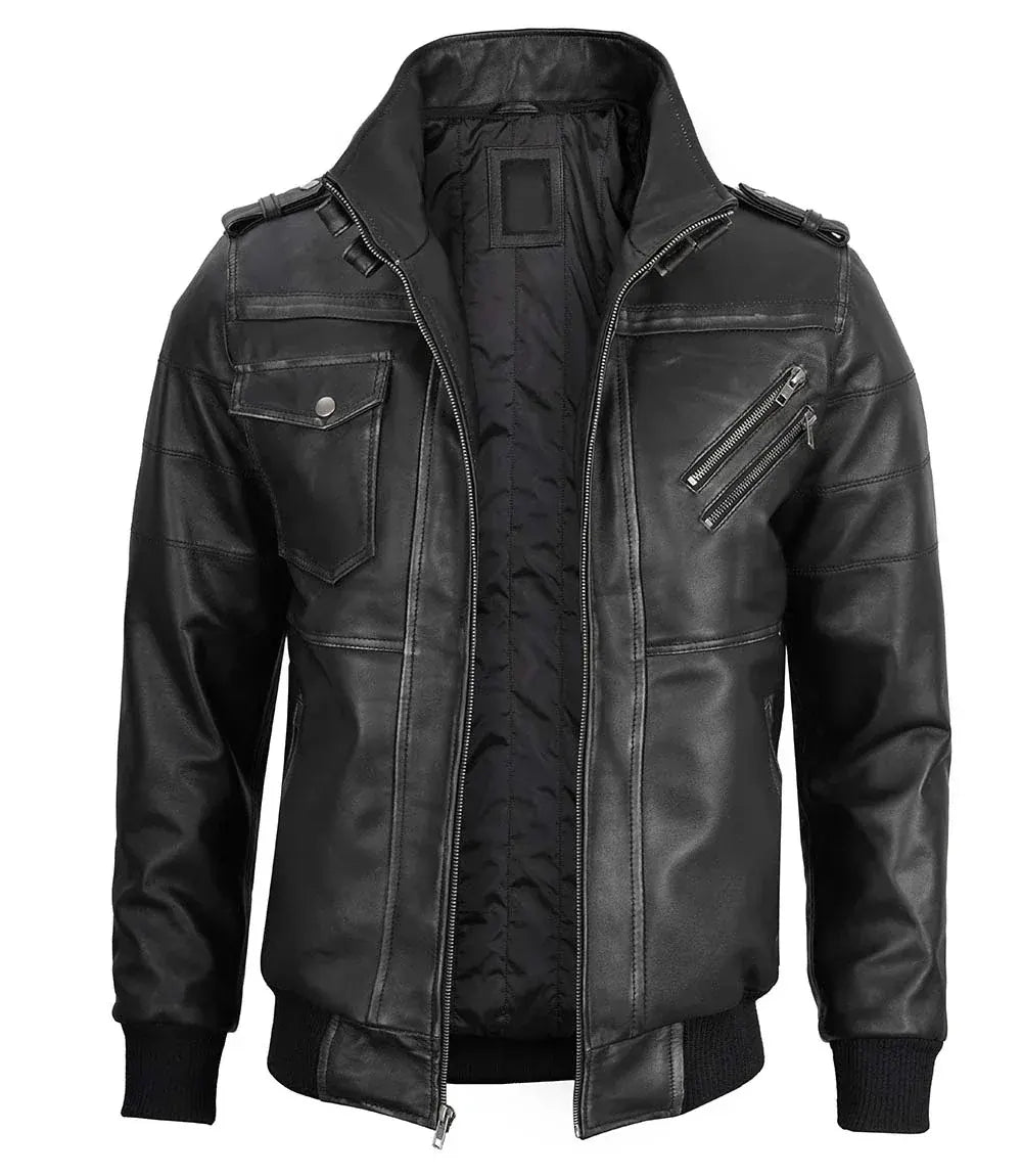Men's Bomber Dark Grey Leather Jacket with Removable Hood The Leather Fit