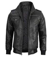 Men's Bomber Dark Grey Leather Jacket with Removable Hood The Leather Fit