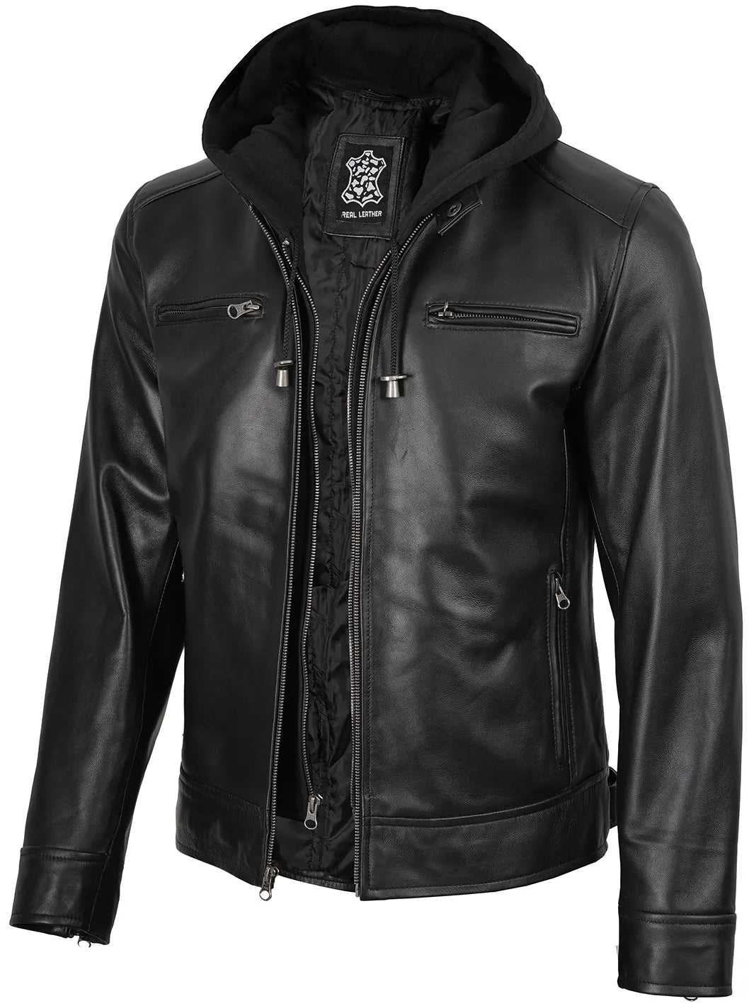 Men's Black Biker Style Leather Jacket with Removable Hood The Leather Fit