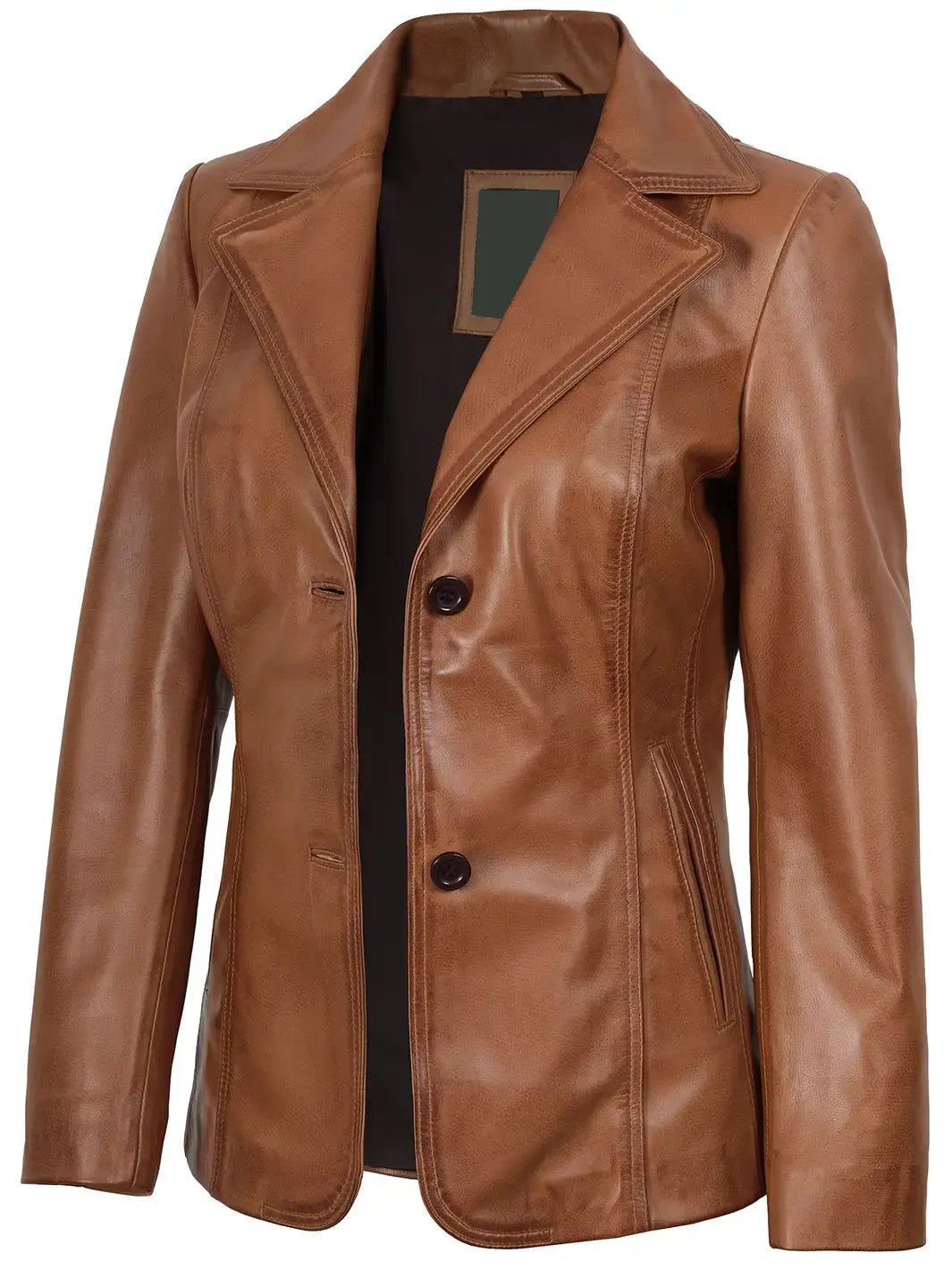 Women's Two Button Tan Brown Leather Blazer Jacket The Leather Fit