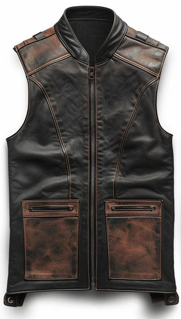 Men’s Brown Black Distressed Motorcycle Leather Vest The Leather Fit