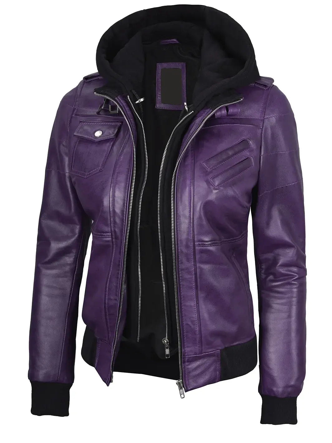 Women's Purple Real Leather Jacket with Removable Hood The Leather Fit