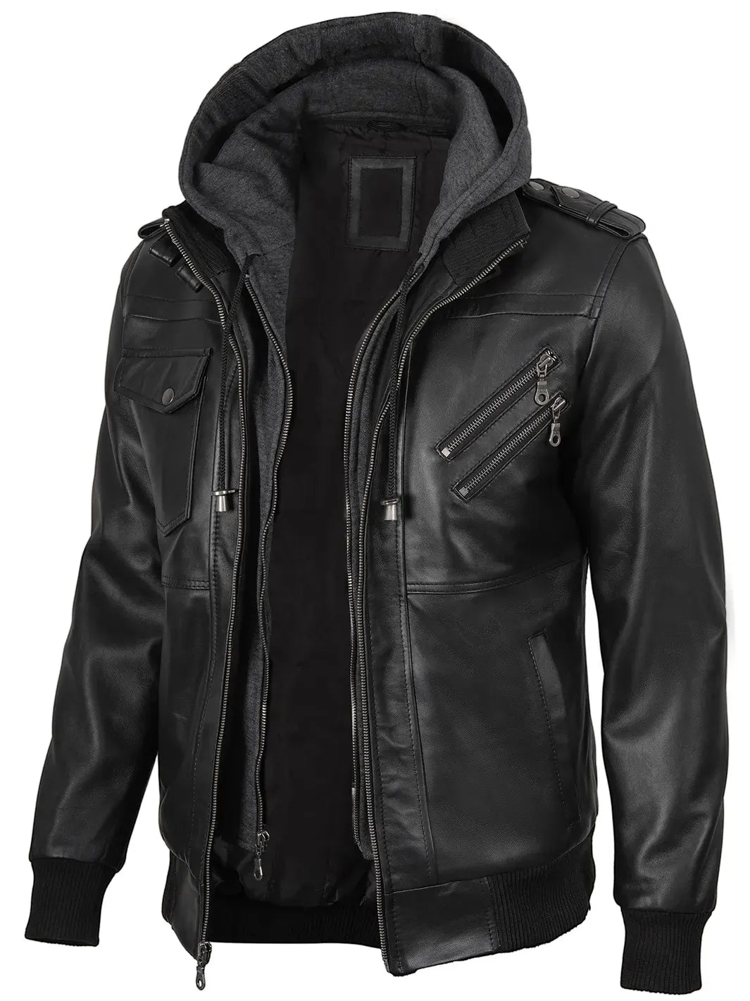 Men's Black Bomber Leather Jacket with Removable Hood The Leather Fit