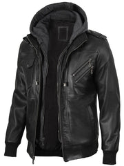 Men's Black Bomber Leather Jacket with Removable Hood The Leather Fit