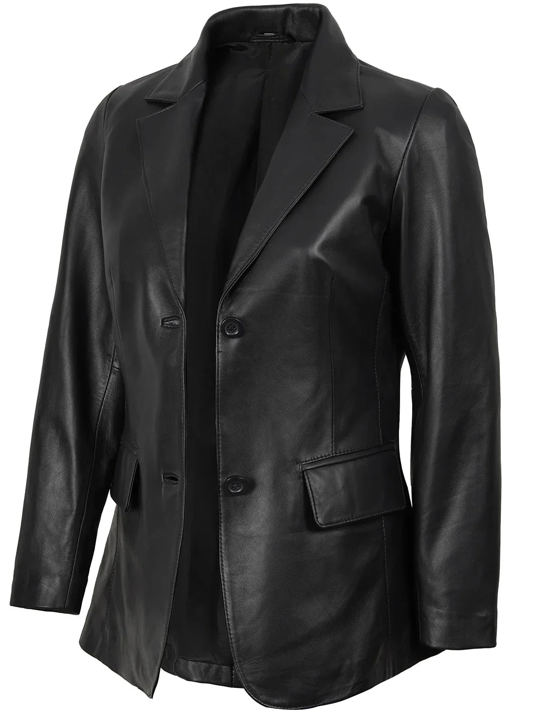Women's Black Two-Button Real Leather Blazer The Leather Fit