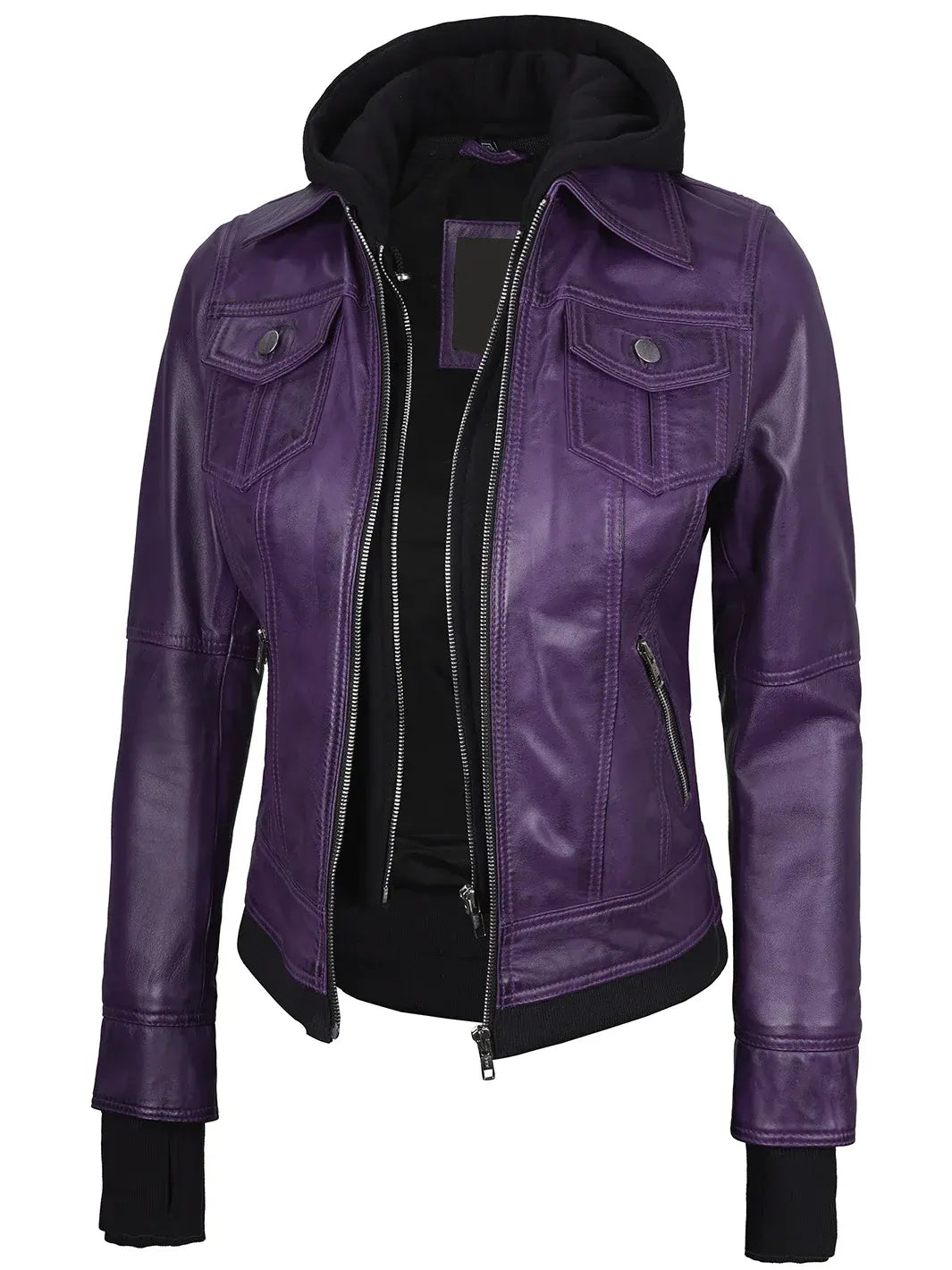 Women's Purple Leather Jacket with Removable Hood The Leather Fit