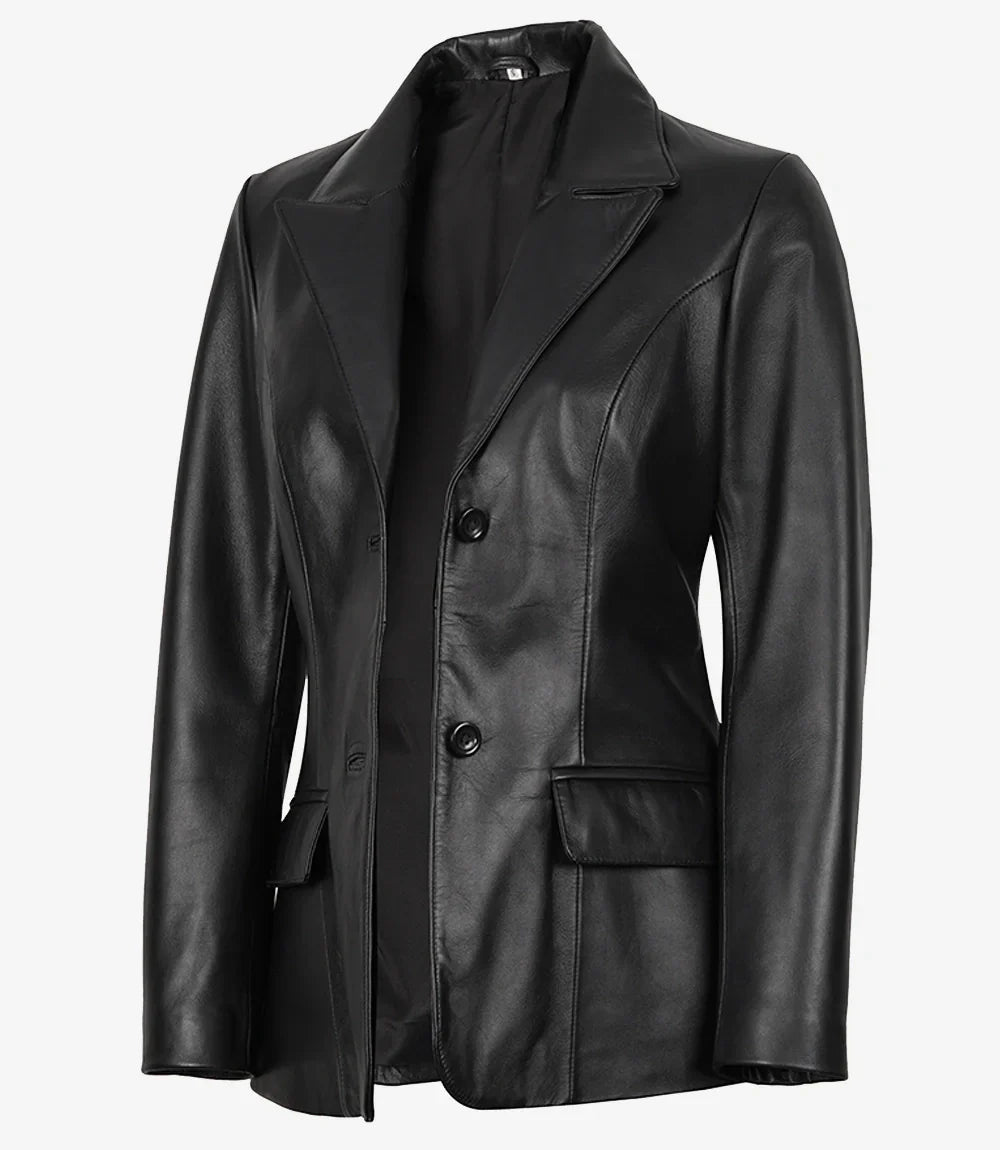 Vicenza Women's Black Two-Button Leather Blazer The Leather Fit