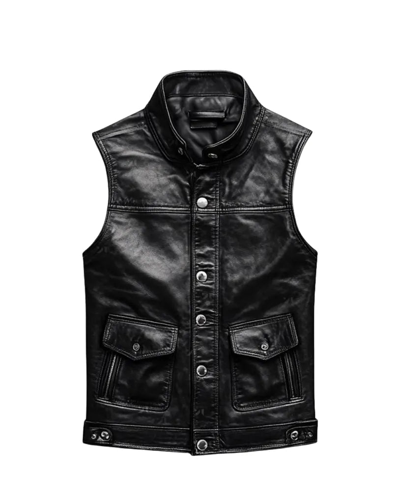 Men’s Classic Black Leather Biker Vest The Leather Fit