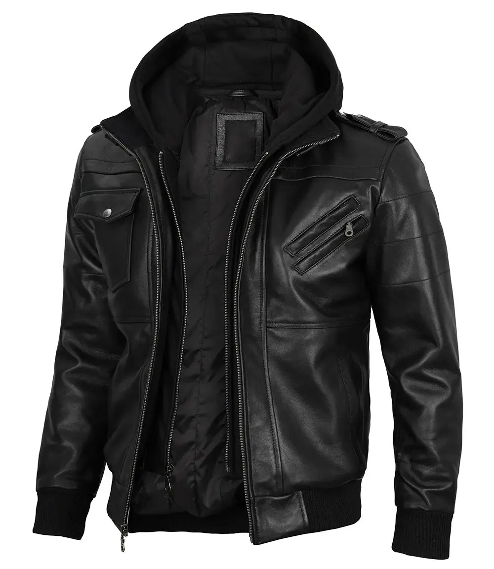 Edinburgh Mens Black Bomber Leather Jacket With Removable Hood The Leather Fit