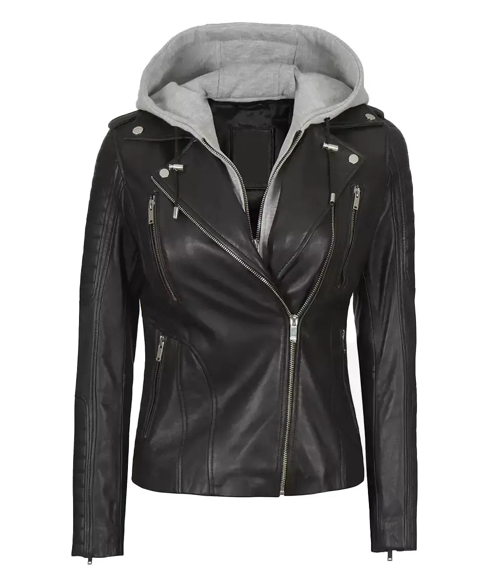 Womens Black Leather Biker Jacket With Removable Hood The Leather Fit
