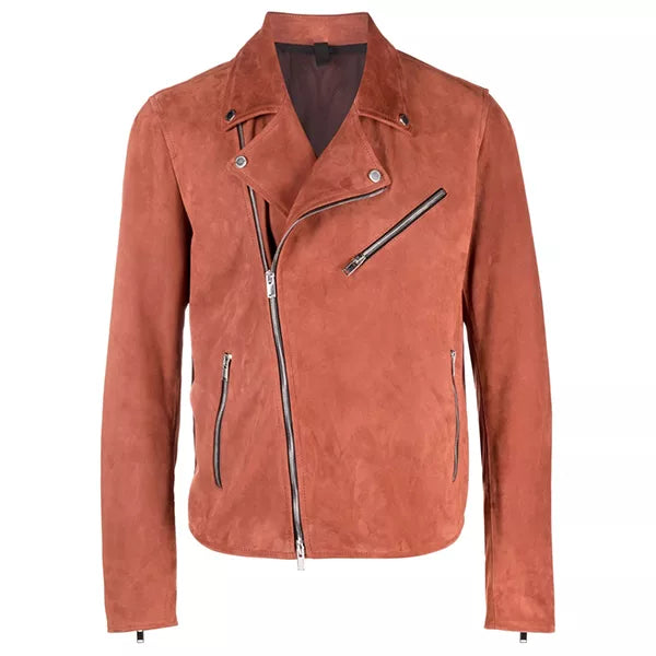 Mens Orange Suede Moto Asymmetrical Collar Jacket The Leather Fit