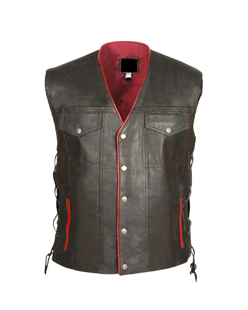Mens Black Genuine Leather Vest with Red Lining The Leather Fit