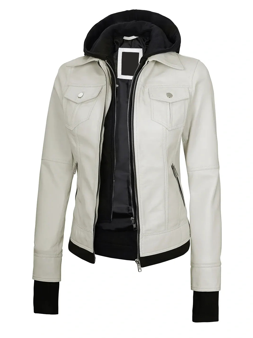 Womens Off White Biker Style Leather Jacket with Hood The Leather Fit