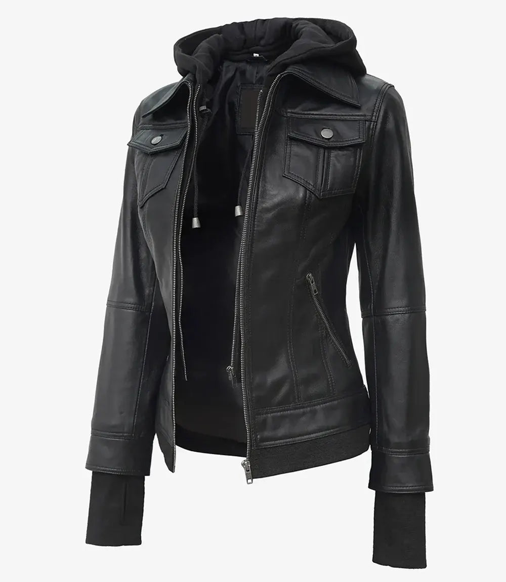 Tralee Women's Black Hooded Leather Jacket The Leather Fit