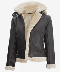 Womens Dark Brown Hooded Shearling Leather Jacket The Leather Fit