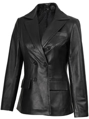 Women's Black Double Breasted Leather Blazer The Leather Fit