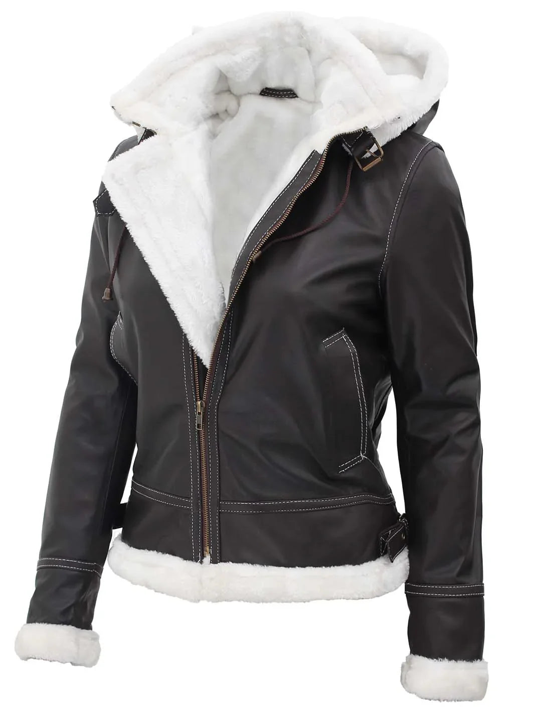 Womens Shearling Dark Brown Bomber Leather Jacket with Removable Hood The Leather Fit
