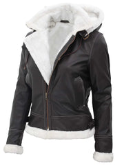 Womens Shearling Dark Brown Bomber Leather Jacket with Removable Hood The Leather Fit