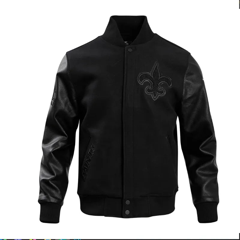 New Orleans Saints Triple Black Varsity Wool-Leather Jacket The Leather Fit