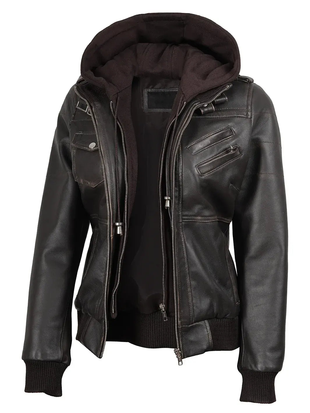 Women's Dark Brown Rub Off Leather Jacket with Removable Hood The Leather Fit