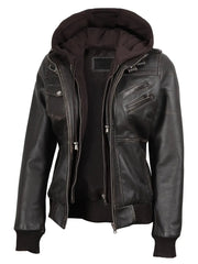 Women's Dark Brown Rub Off Leather Jacket with Removable Hood The Leather Fit