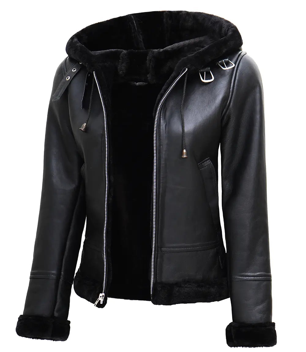 Womens Black Leather Hooded Shearling Jacket The Leather Fit
