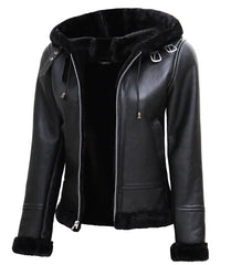 Womens Black Leather Hooded Shearling Jacket The Leather Fit