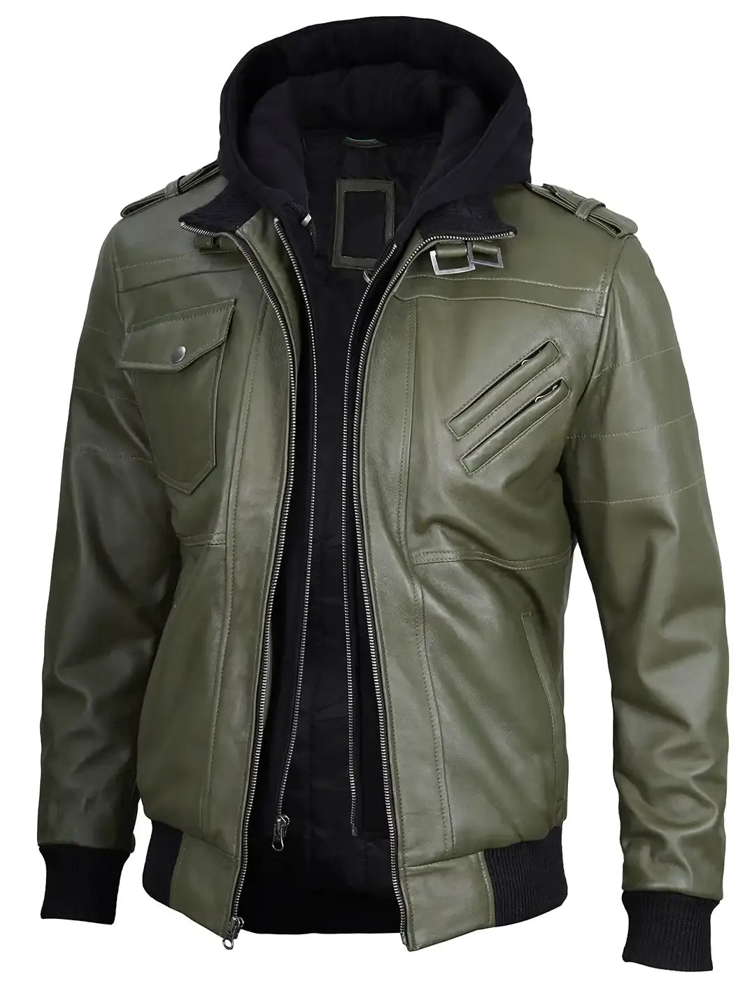 Men's Military Green Leather Jacket with Removable Hood The Leather Fit