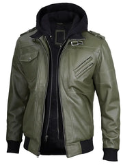 Men's Military Green Leather Jacket with Removable Hood The Leather Fit
