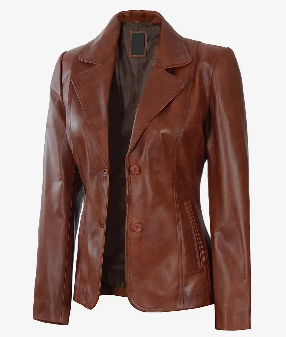 Women's Two Button Cognac Leather Blazer The Leather Fit