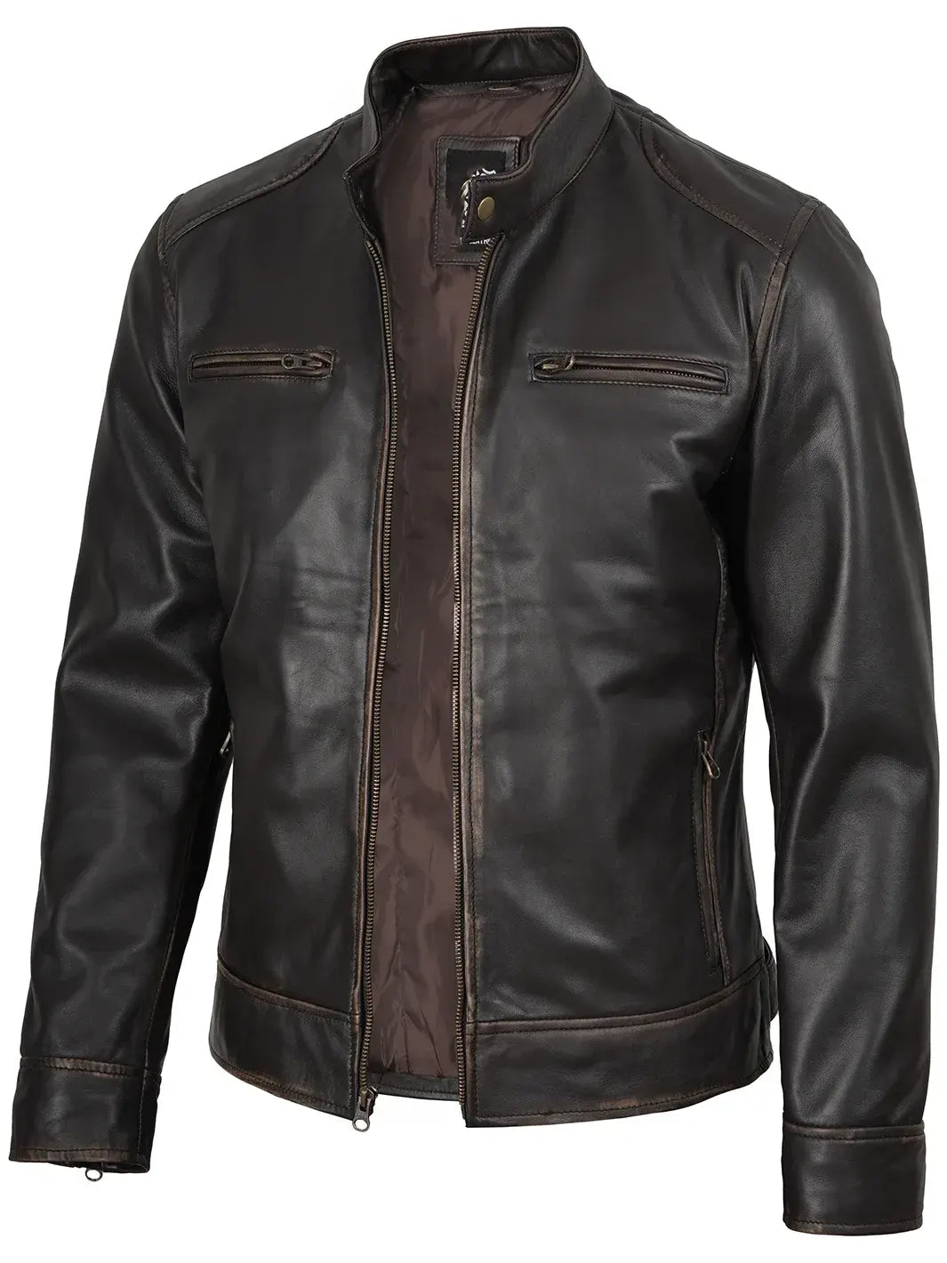 Dodge Men's Rub-Off Dark Brown Cafe Racer Leather Jacket The Leather Fit