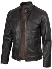 Dodge Men's Rub-Off Dark Brown Cafe Racer Leather Jacket The Leather Fit