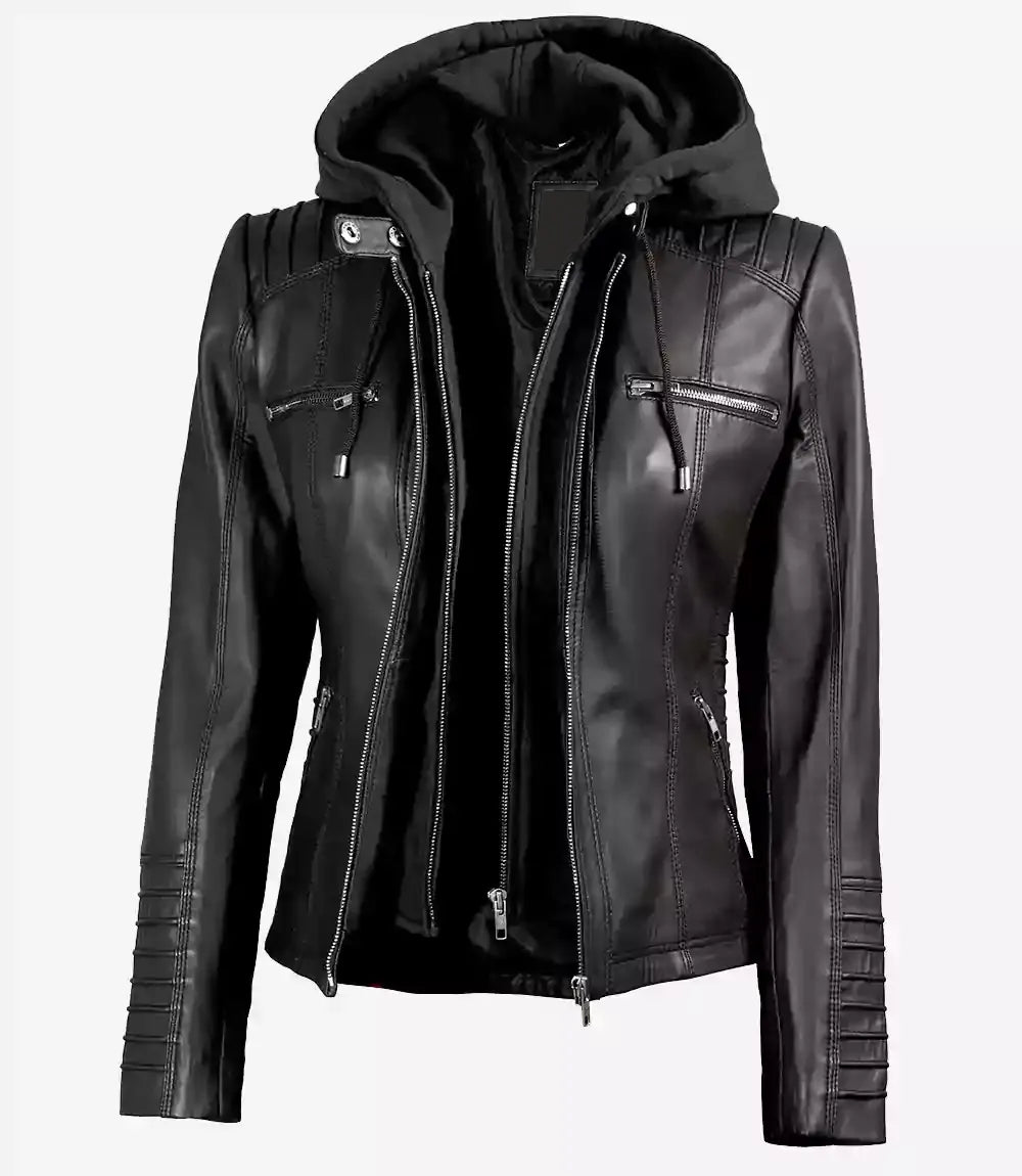 Women's Black Leather Jacket With Removable Hood The Leather Fit