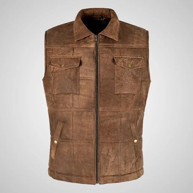 Men’s Brown Buff Padded Leather Vest The Leather Fit