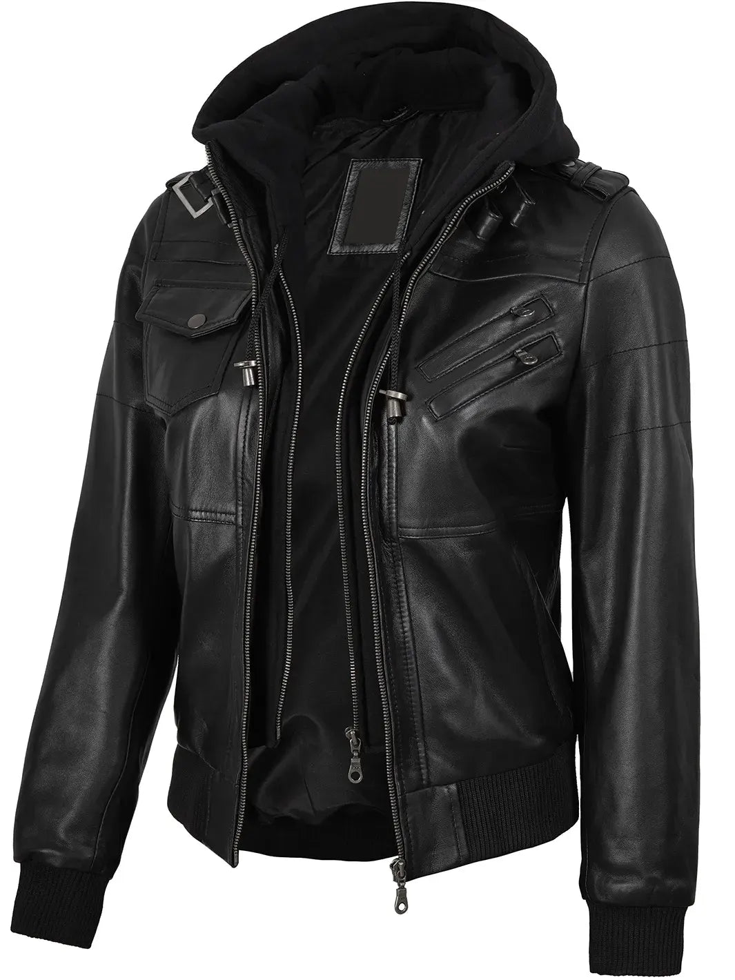 Edinburgh Women's Bomber Black Leather Jacket with Removable Hood The Leather Fit