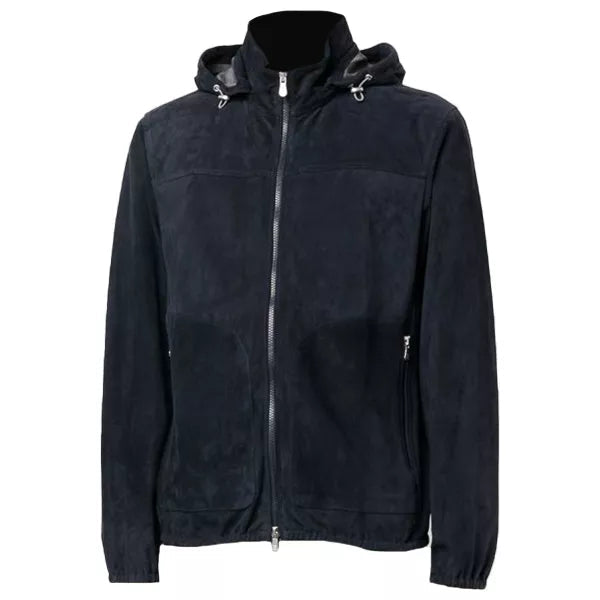 Mens Navy Blue Suede Leather Jacket With Hood The Leather Fit