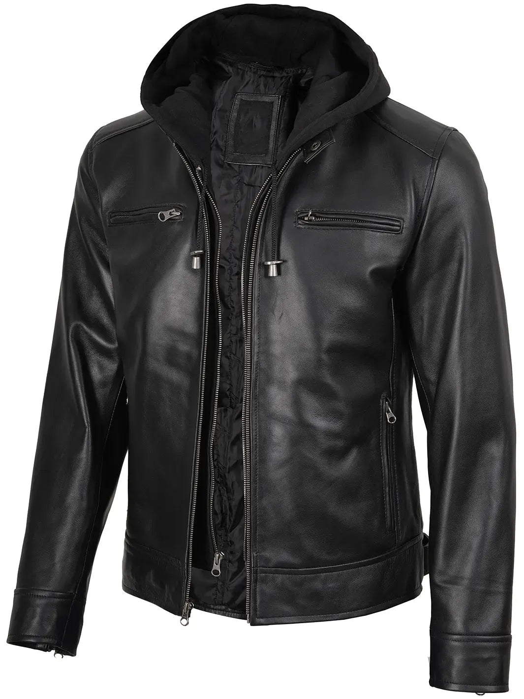 Men's Black Biker Style Leather Jacket with Removable Hood The Leather Fit