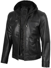 Men's Black Biker Style Leather Jacket with Removable Hood The Leather Fit