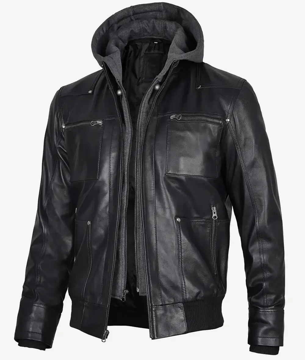 Mens Black Bomber Leather Jacket with Removable Hood The Leather Fit