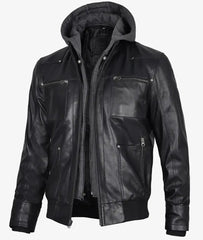 Mens Black Bomber Leather Jacket with Removable Hood The Leather Fit