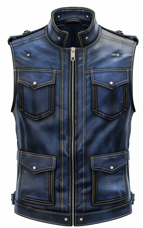 Men Blue Distressed Leather Vest The Leather Fit