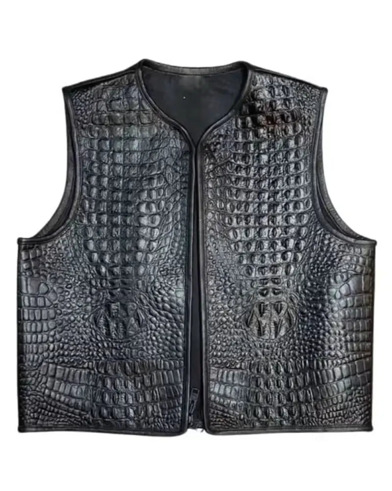 Men’s Black Embossed Biker Leather Vest The Leather Fit