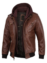 Edinburgh Mens Brown Bomber Leather Jacket With Removable Hood The Leather Fit